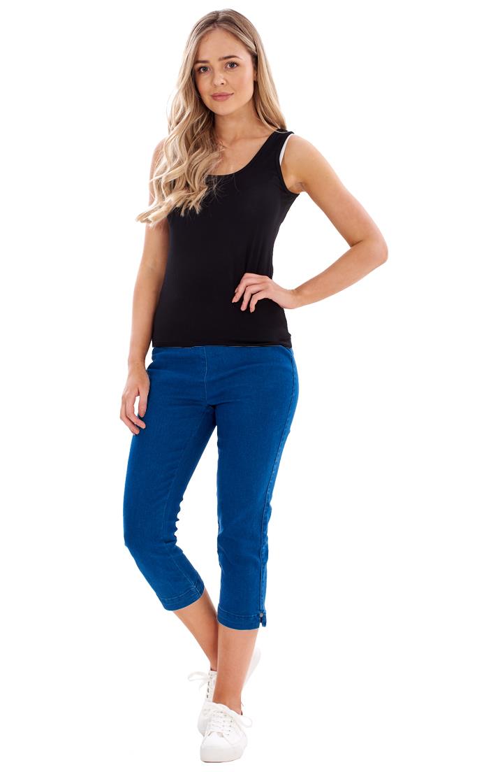 Ladies High Rise Pull On Comfort Crop Stretch Cropped Jeans - Picture 49 of 65