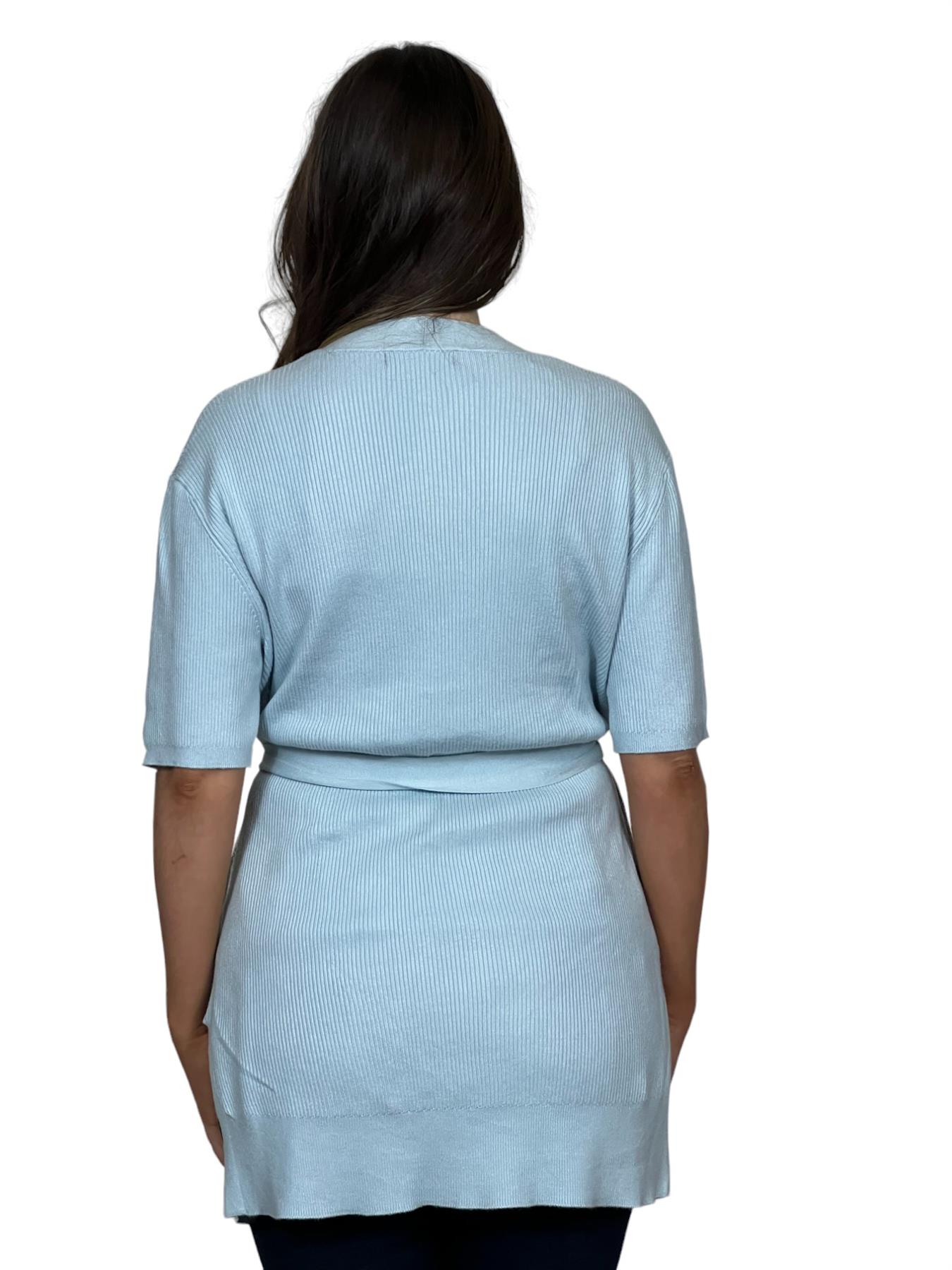 Ladies Short Sleeve Ribbed Tie Belt Cardigan - Picture 13 of 13