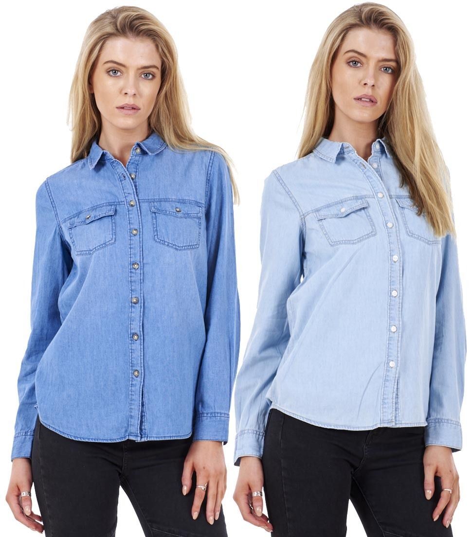 Ladies Casual Womens Button Up 100% Cotton Long Sleeve Blue Denim Shirt ...