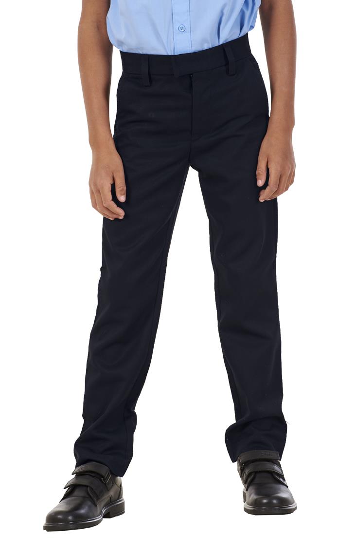 Boys Stain Resistant Adjustable Waist Slim Fit School Trousers Black Grey Navy - Picture 20 of 25