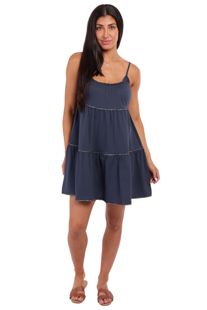 Ladies Tiered Summer Dress 100% Cotton Navy White Holiday Beach UK RRP £20