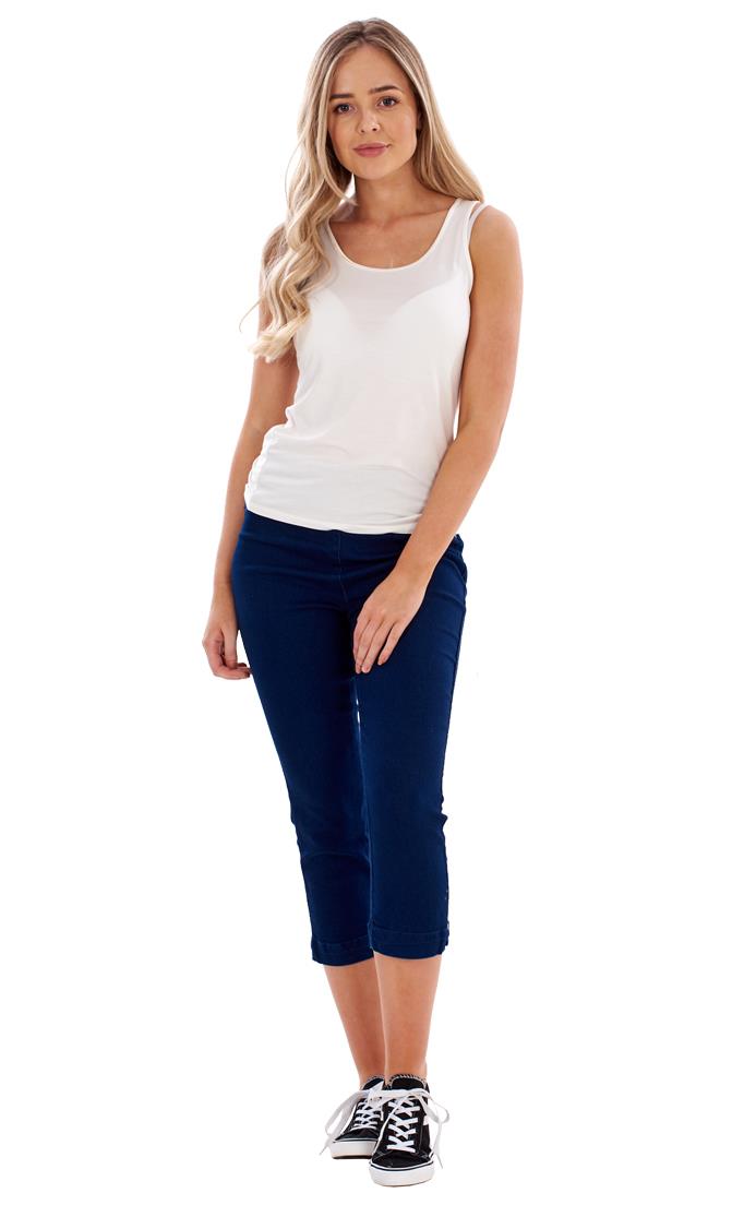 Ladies High Rise Pull On Comfort Crop Stretch Cropped Jeans - Picture 27 of 65