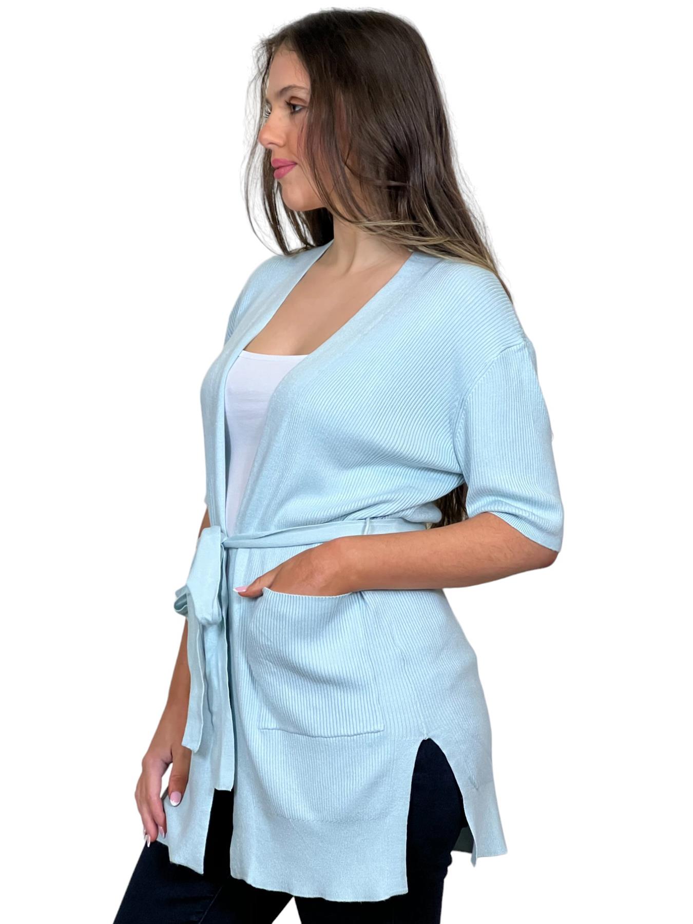 Ladies Short Sleeve Ribbed Tie Belt Cardigan - Picture 12 of 13