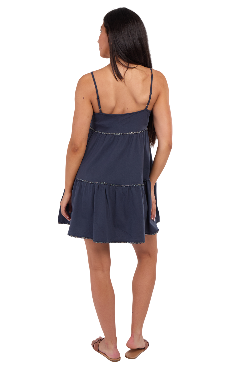 Ladies Tiered Summer Dress 100% Cotton Navy White Holiday Beach UK RRP £20 - Picture 4 of 7