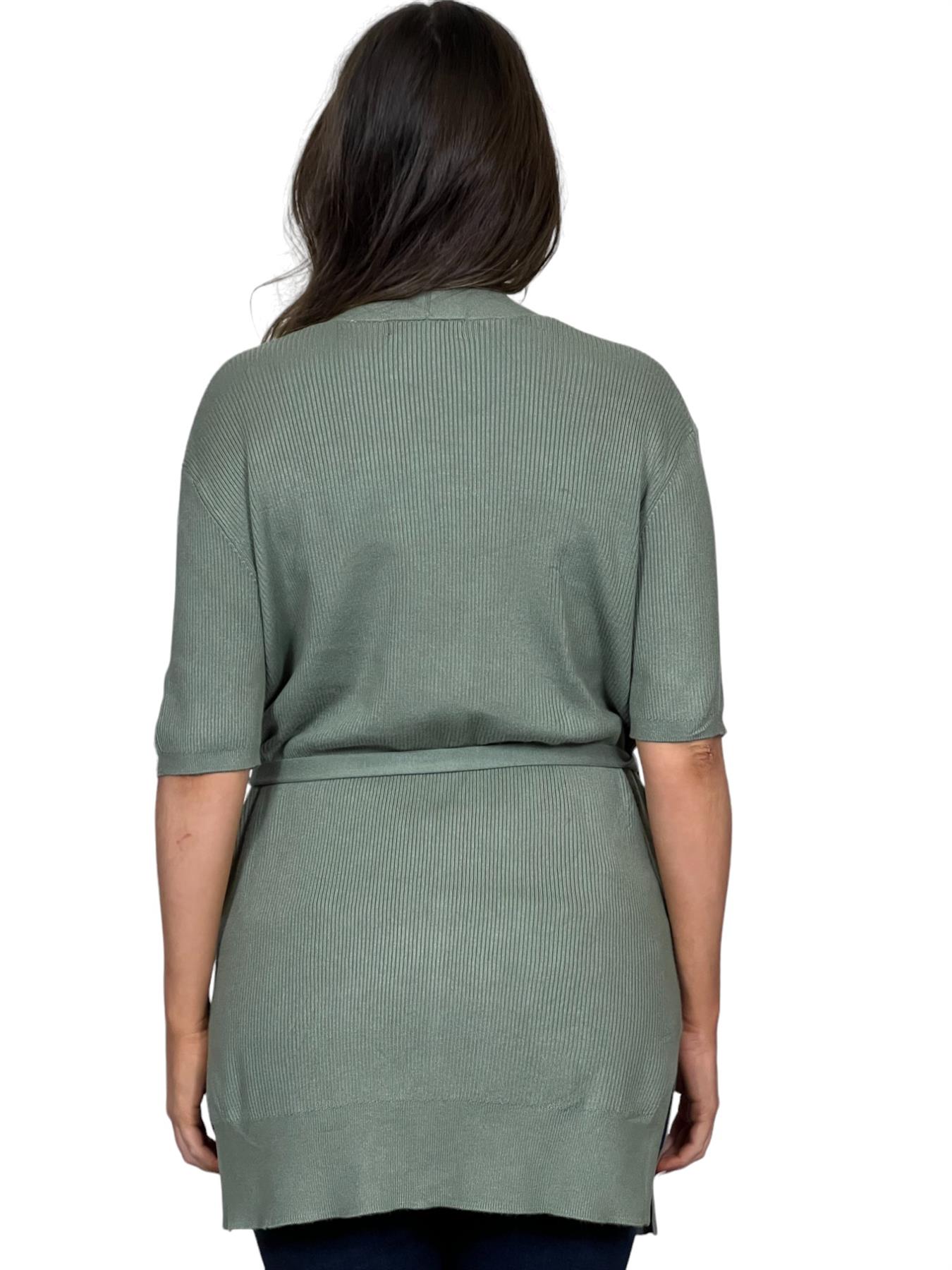 Ladies Short Sleeve Ribbed Tie Belt Cardigan - Picture 9 of 13