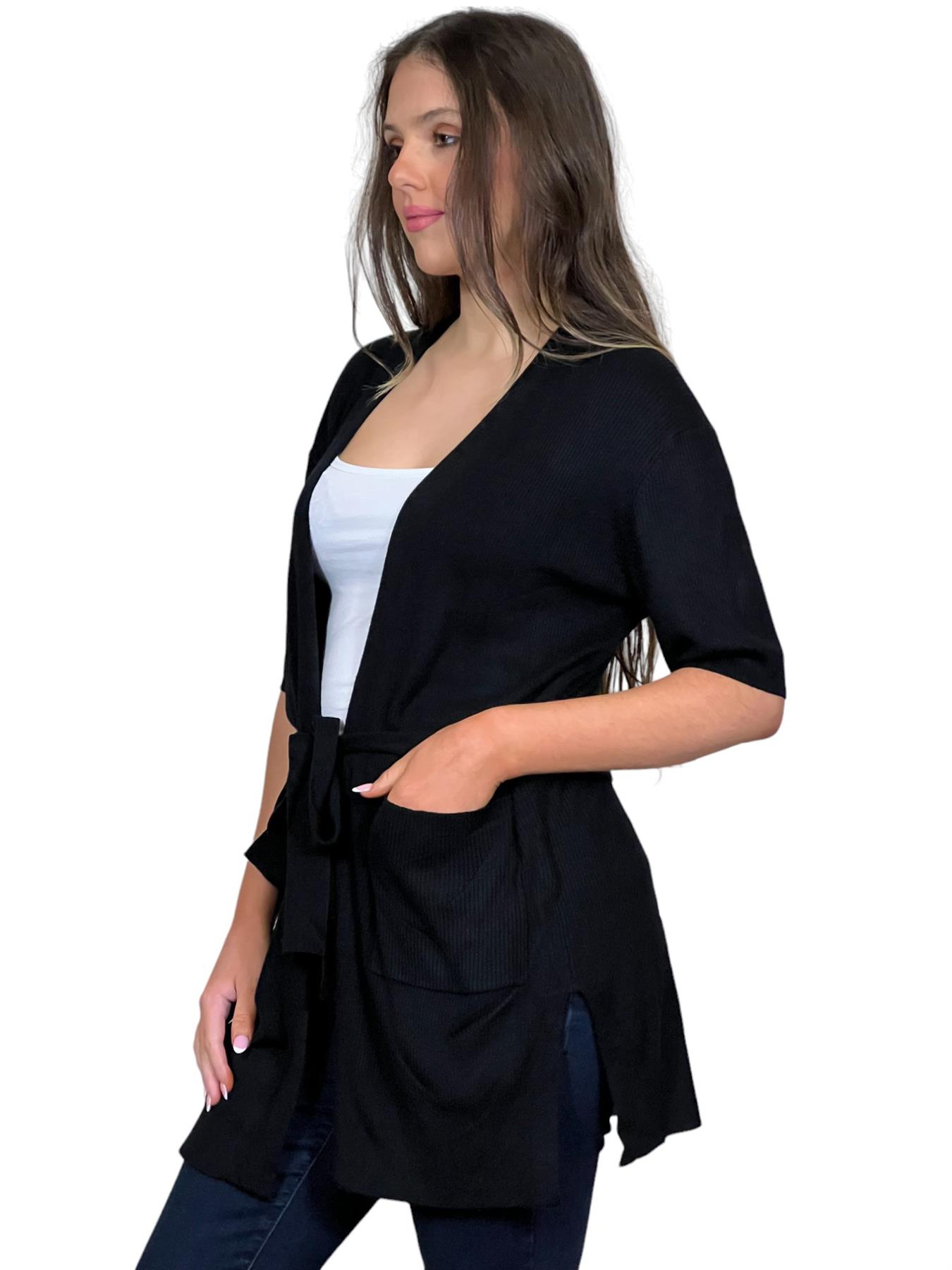 Ladies Short Sleeve Ribbed Tie Belt Cardigan - Picture 4 of 13
