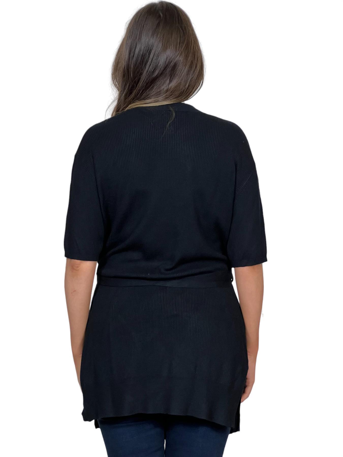 Ladies Short Sleeve Ribbed Tie Belt Cardigan - Picture 5 of 13