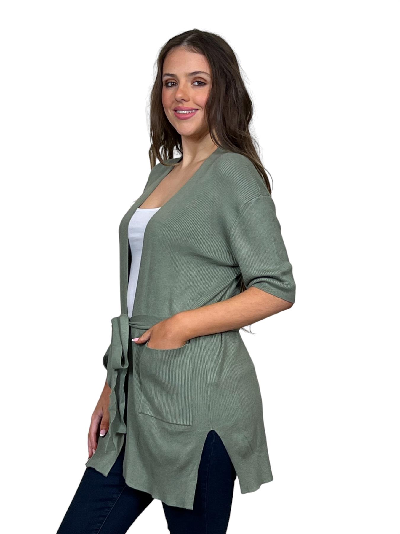 Ladies Short Sleeve Ribbed Tie Belt Cardigan - Picture 8 of 13