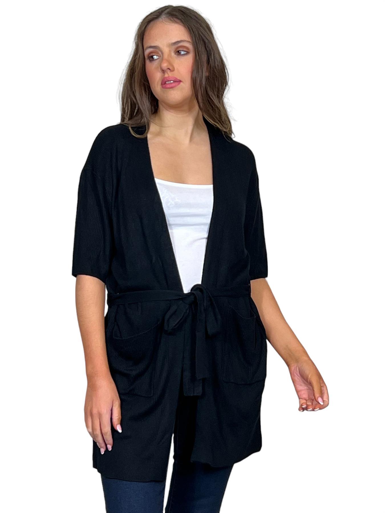 Ladies Short Sleeve Ribbed Tie Belt Cardigan - Picture 2 of 13