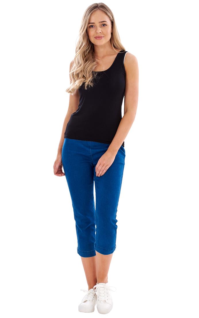 Ladies High Rise Pull On Comfort Crop Stretch Cropped Jeans - Picture 48 of 65