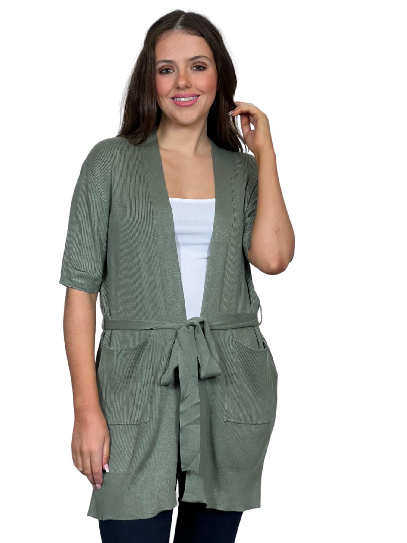 Ladies Short Sleeve Ribbed Tie Belt Cardigan - Picture 6 of 13