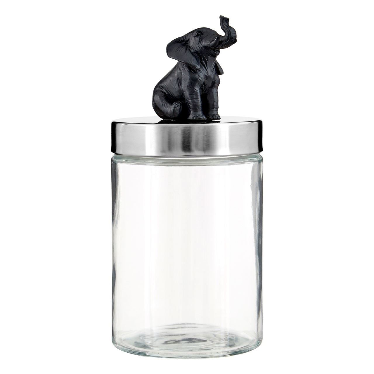 Jarre verre clair bocal Argent à vis sur le couvercle noir Polyrésine Elephant