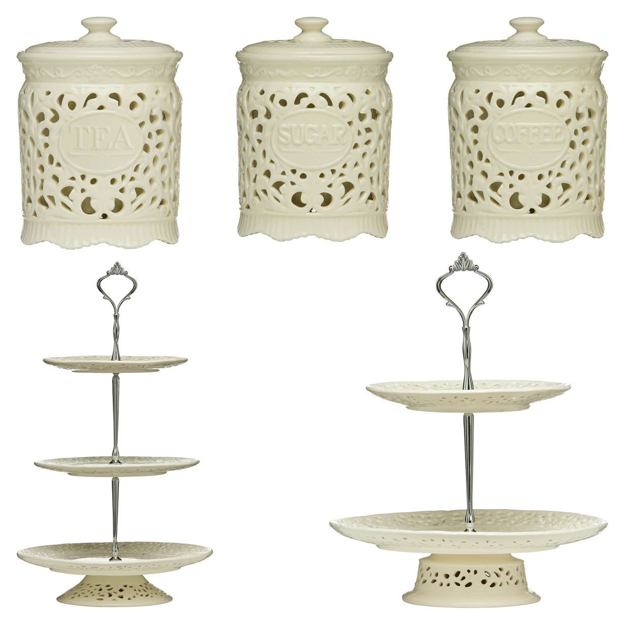 Tea Coffee Sugar Canister Jar and 2//3 Tier Cake Plate Stand Cream Ceramic Lace