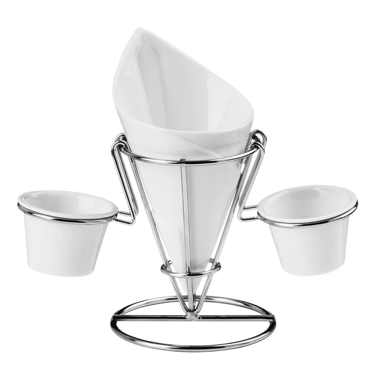 Francés Freír Cono con Soporte y 2 platos Dip Blanco//Cromo
