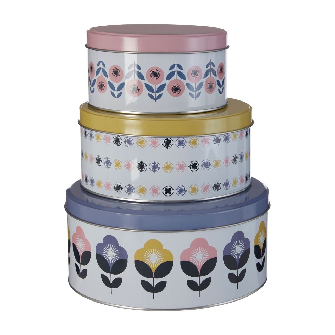 Joni Round Storage Tins Set of 3 Cute Retro DesignPastel ColoursTin