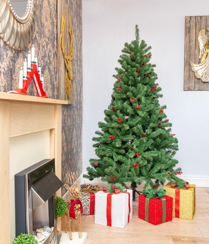 Christmas Tree Pre Lit Bushy LED Lights Artificial Berries Pine Cone Xmas Decor - Picture 14 of 37