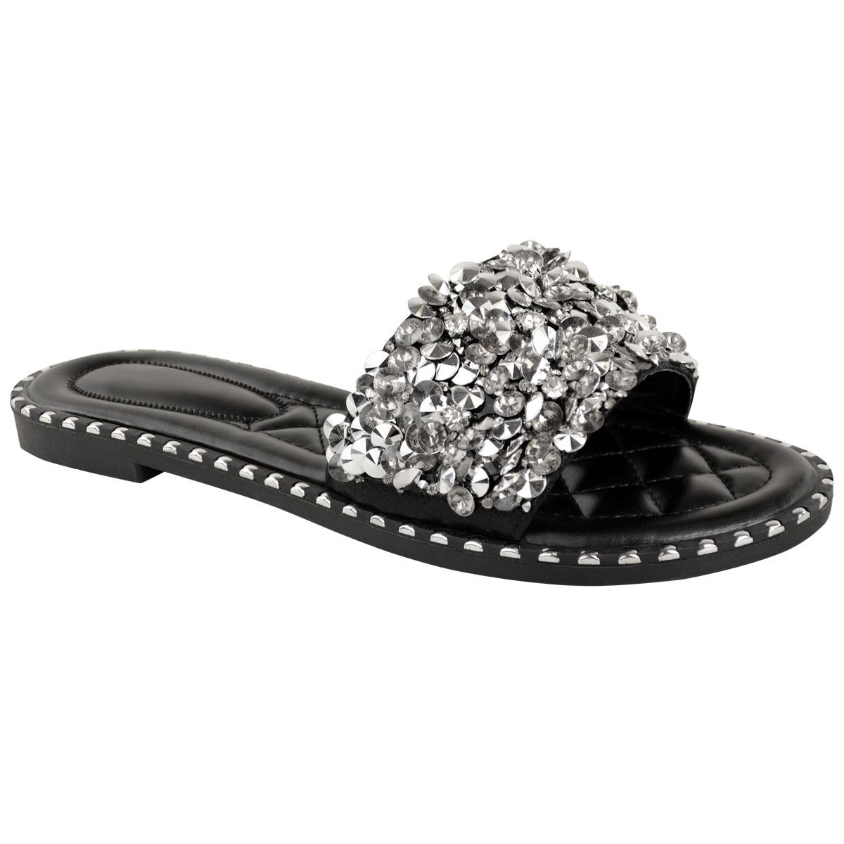 GIRLS KIDS FLAT STUDS DIAMANTE FASHION SLIDERS SANDALS HOILDAY SLIP ON MULES SZ