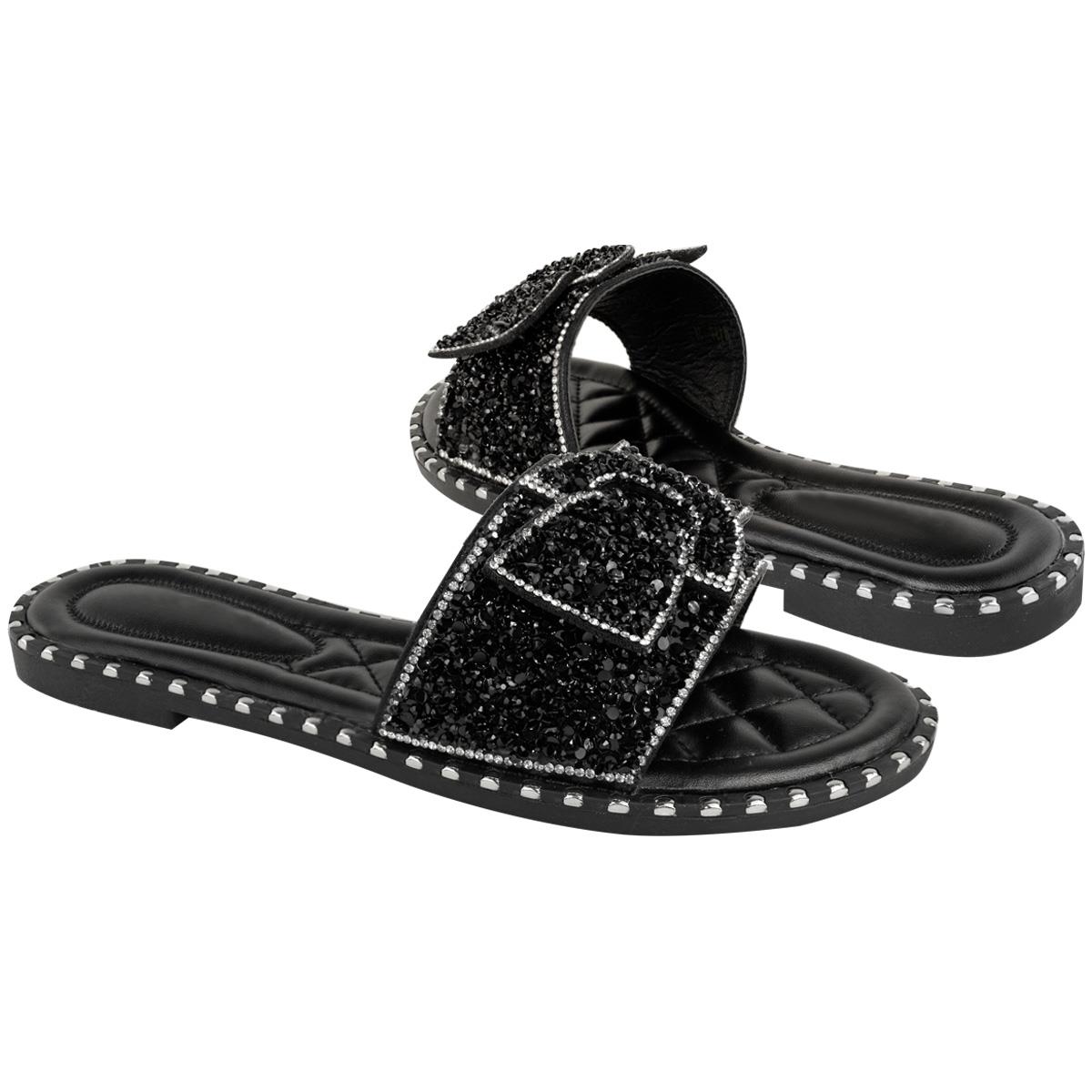 Diamante Flat Summer Sandals Womens Bling Sliders Slides Party Silver