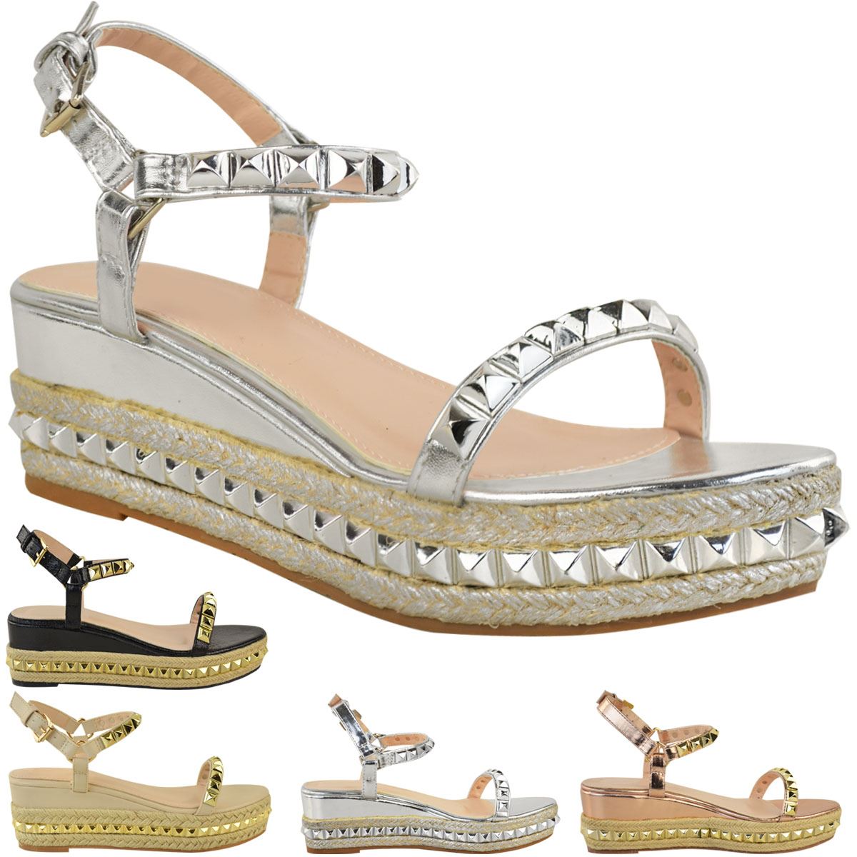 Ladies Womens Studded Low Wedge 