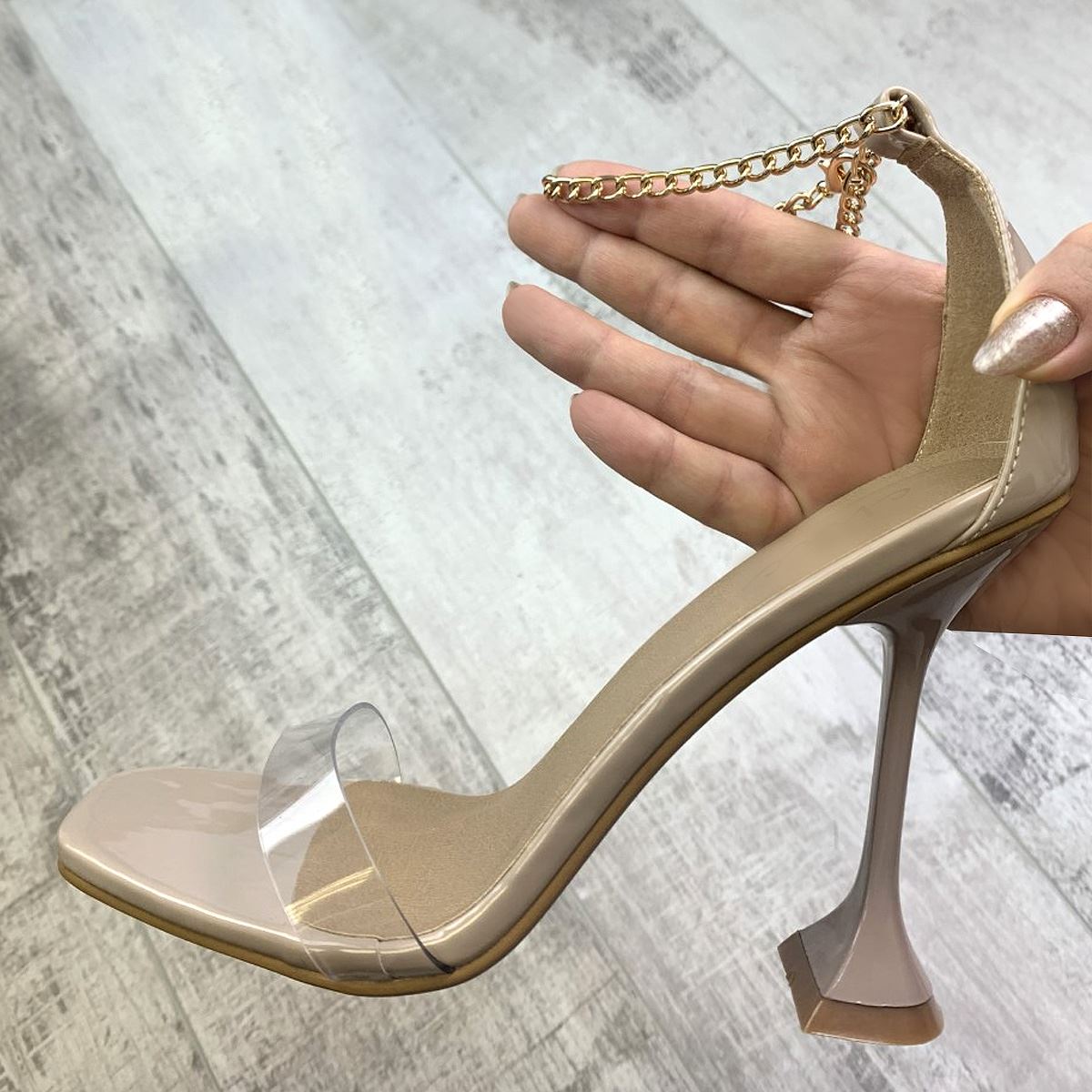 clear heels with gold chain