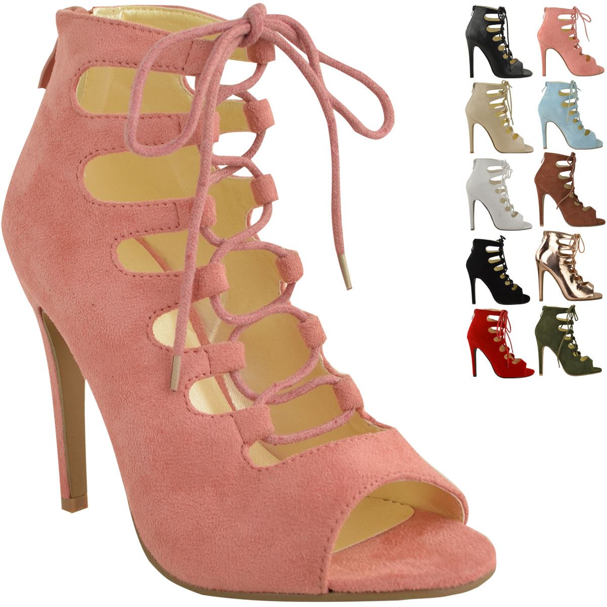 LADIES WOMENS HIGH HEELS STILETTOS LACE UP GLADIATOR ANKLE SANDALS PEEP TOE SIZE - Picture 22 of 51