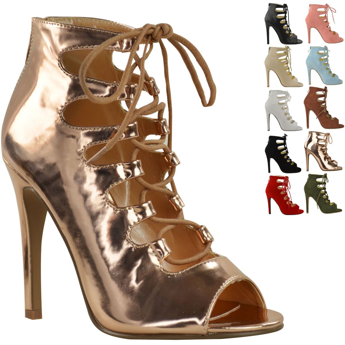 LADIES WOMENS HIGH HEELS STILETTOS LACE UP GLADIATOR ANKLE SANDALS PEEP TOE SIZE - Picture 42 of 51