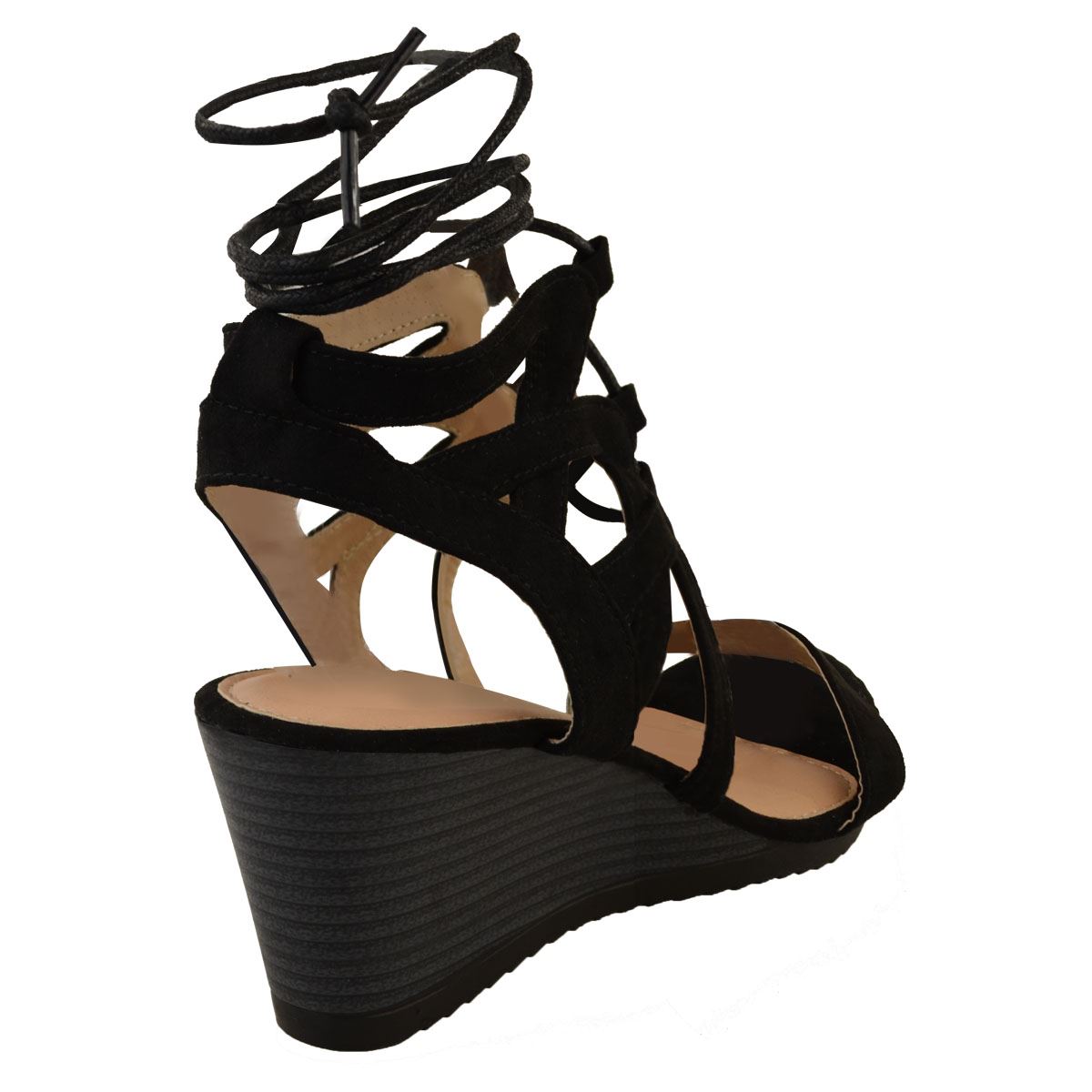 New Womens Ladies Low Wedge Strappy Summer Sandals Ankle Lace Tie Up Black Size | eBay