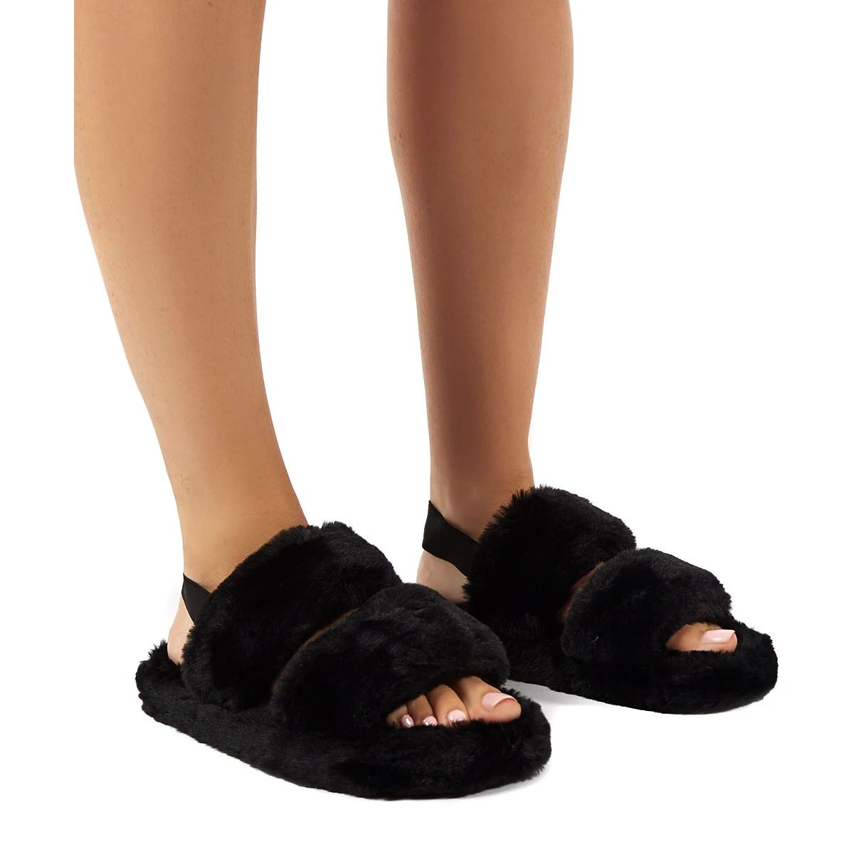 Womens Flat Sandals Flatforms Faux Fur Slides Comfy Fluffy Winter Slipper Size | eBay