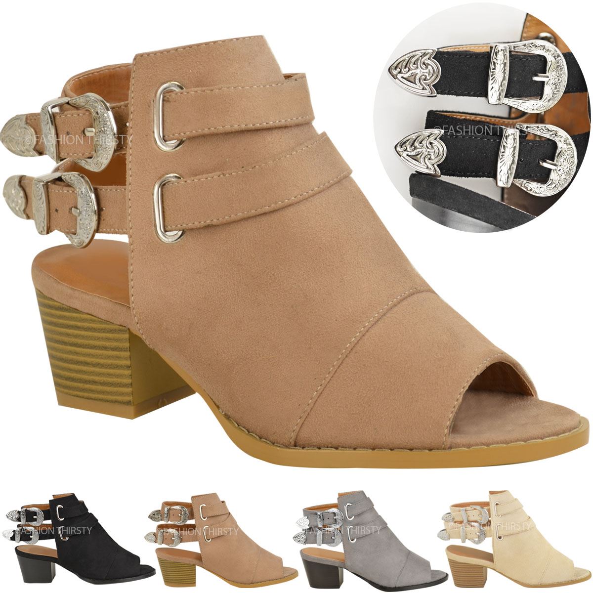 Womens Ladies Western Cowboy Sandals Ankle Boots Chunky Block Heels