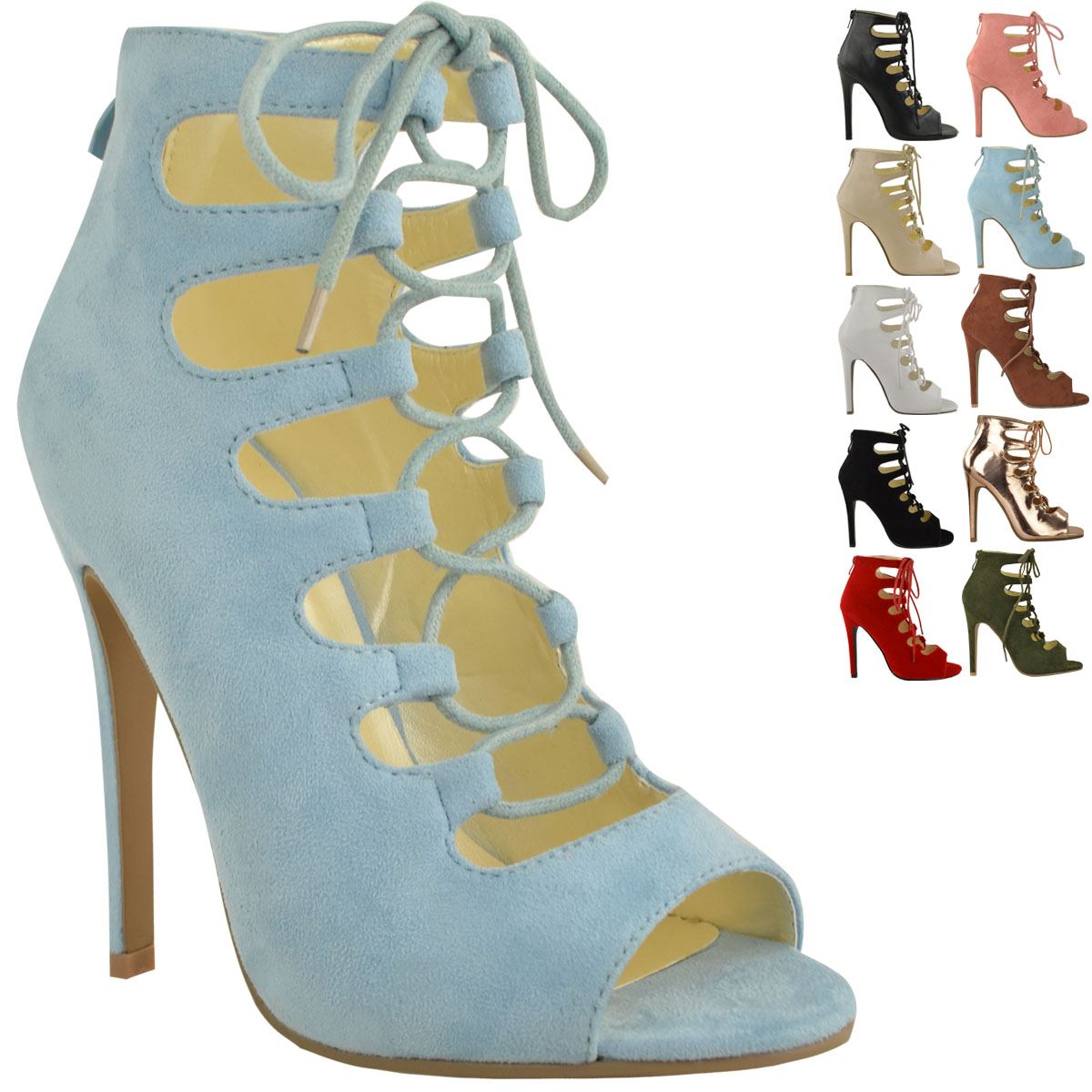 LADIES WOMENS HIGH HEELS STILETTOS LACE UP GLADIATOR ANKLE SANDALS PEEP TOE SIZE - Picture 17 of 51
