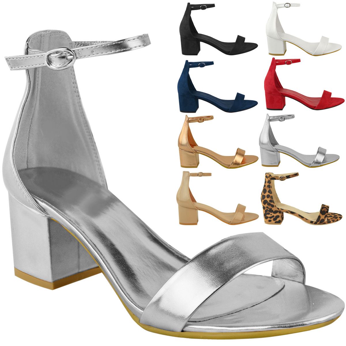 low silver block heels
