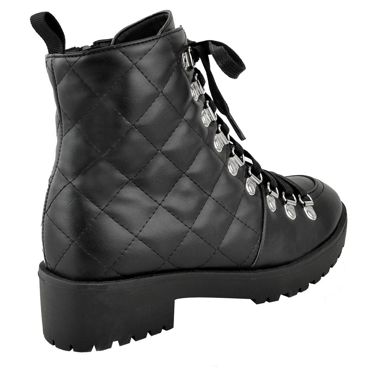 Womens Lug Sole Ankle Boots Quilted Lace Up Warm Grippy Comfy Winter