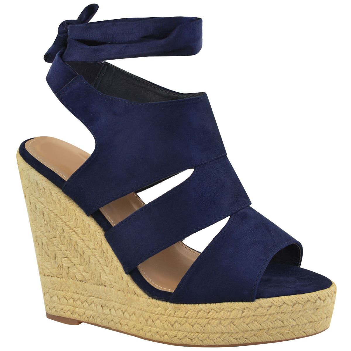 Womens Ladies Espadrille Wedge Sandals Summer Strappy Lace Up Platforms