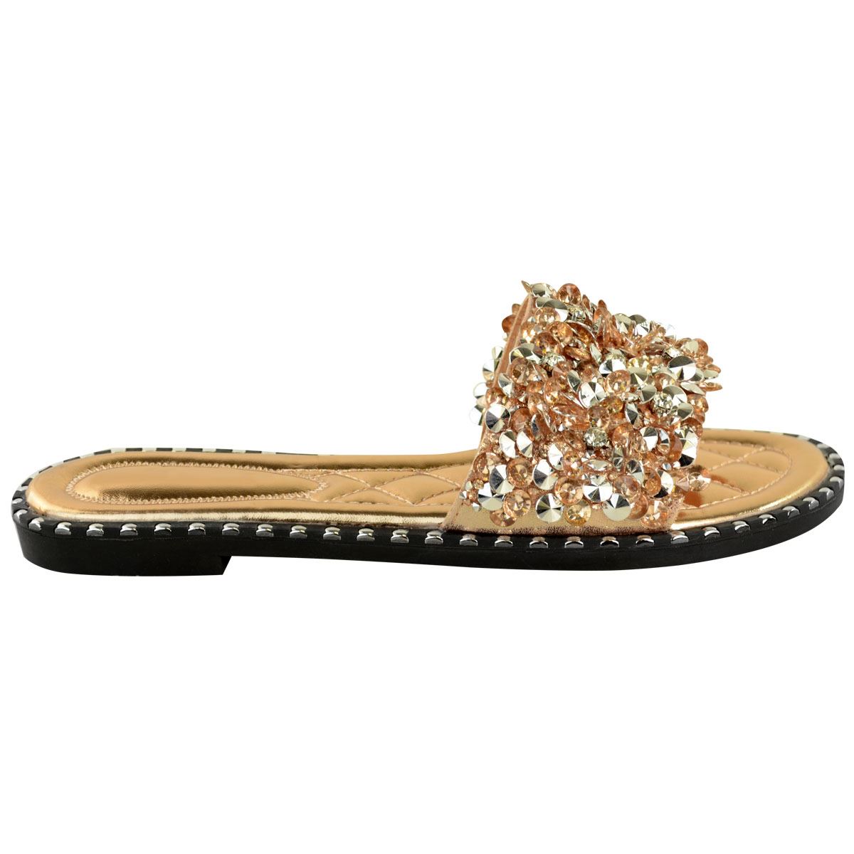 Womens Pearls Diamante Flats Summer Sandals Slides Slip On