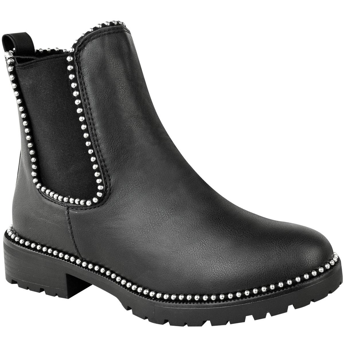 Womens Black Stud Studded Chunky Ankle 