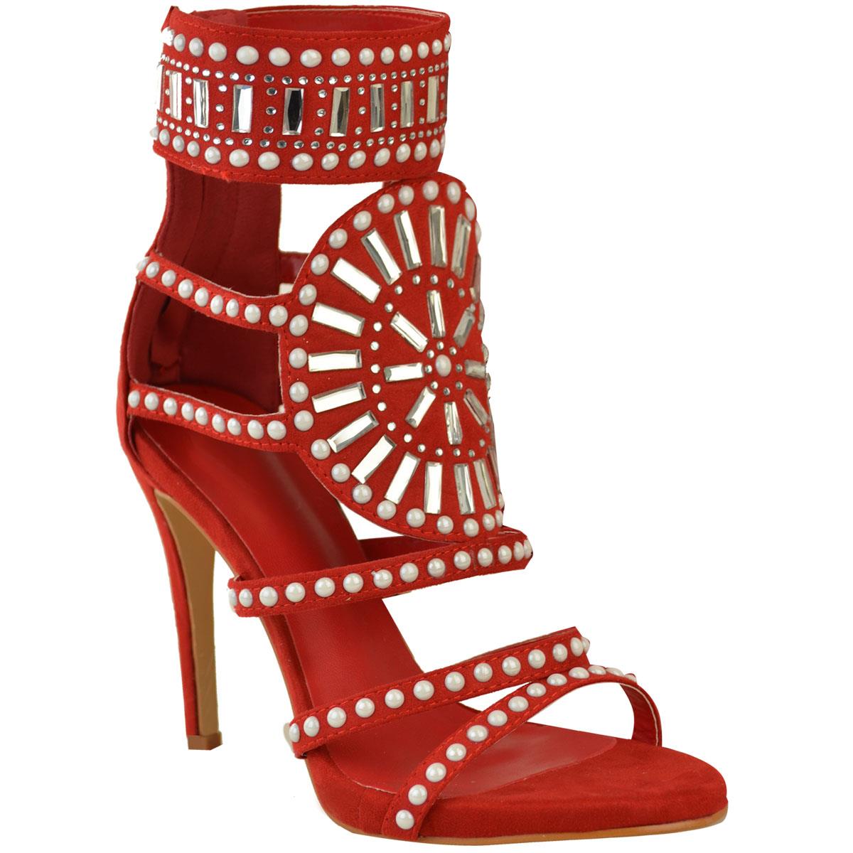 Womens Ladies Strappy Diamante Jewel Stiletto High Heels Sandals Party Size | eBay