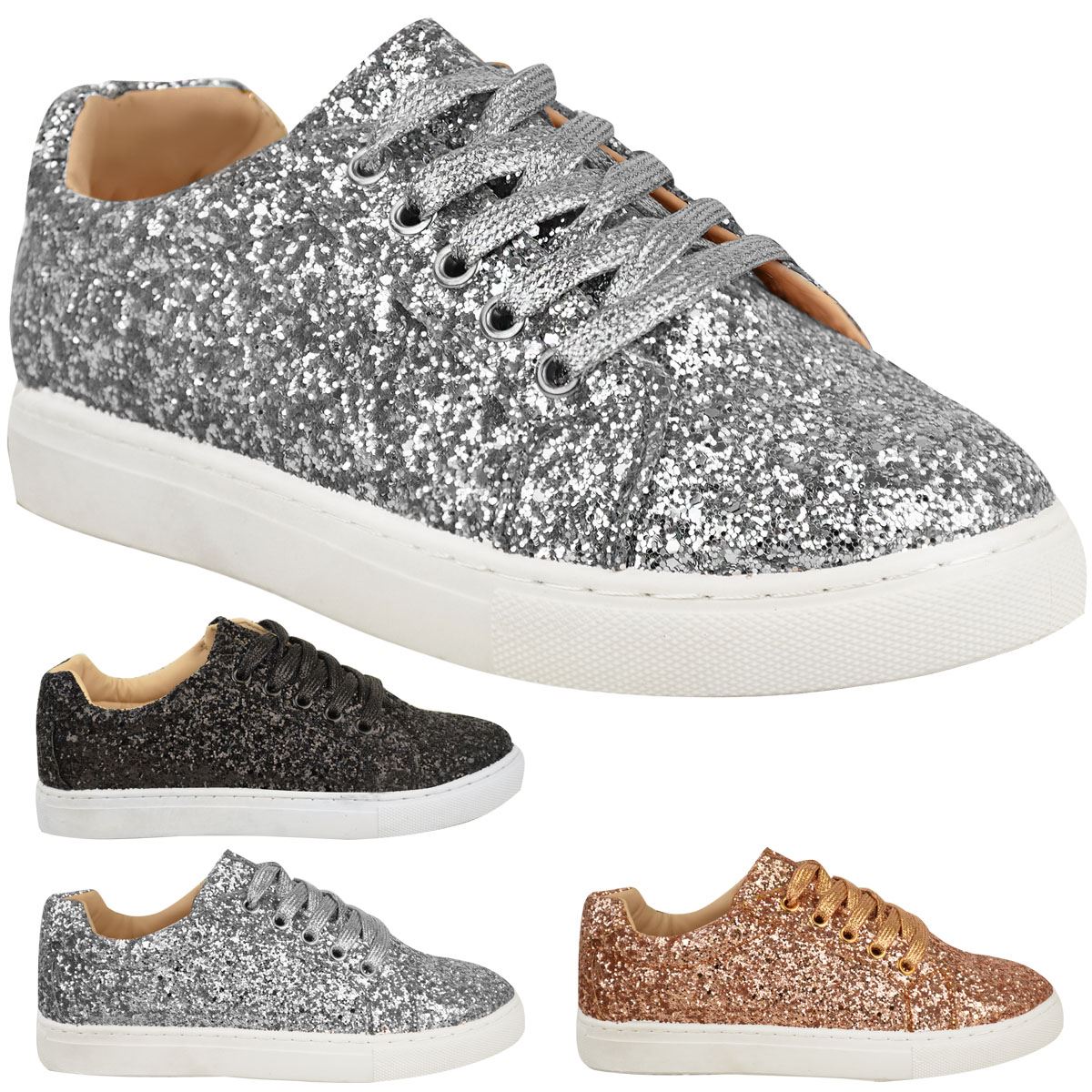 Womens Ladies Lace Up Glitter Sparkly Trainers Sneakers Gym Pumps Fitness Size Womens Ladies Lace Up Glitter Sparkly Trainers Sneakers Gym Pumps Fitness Size