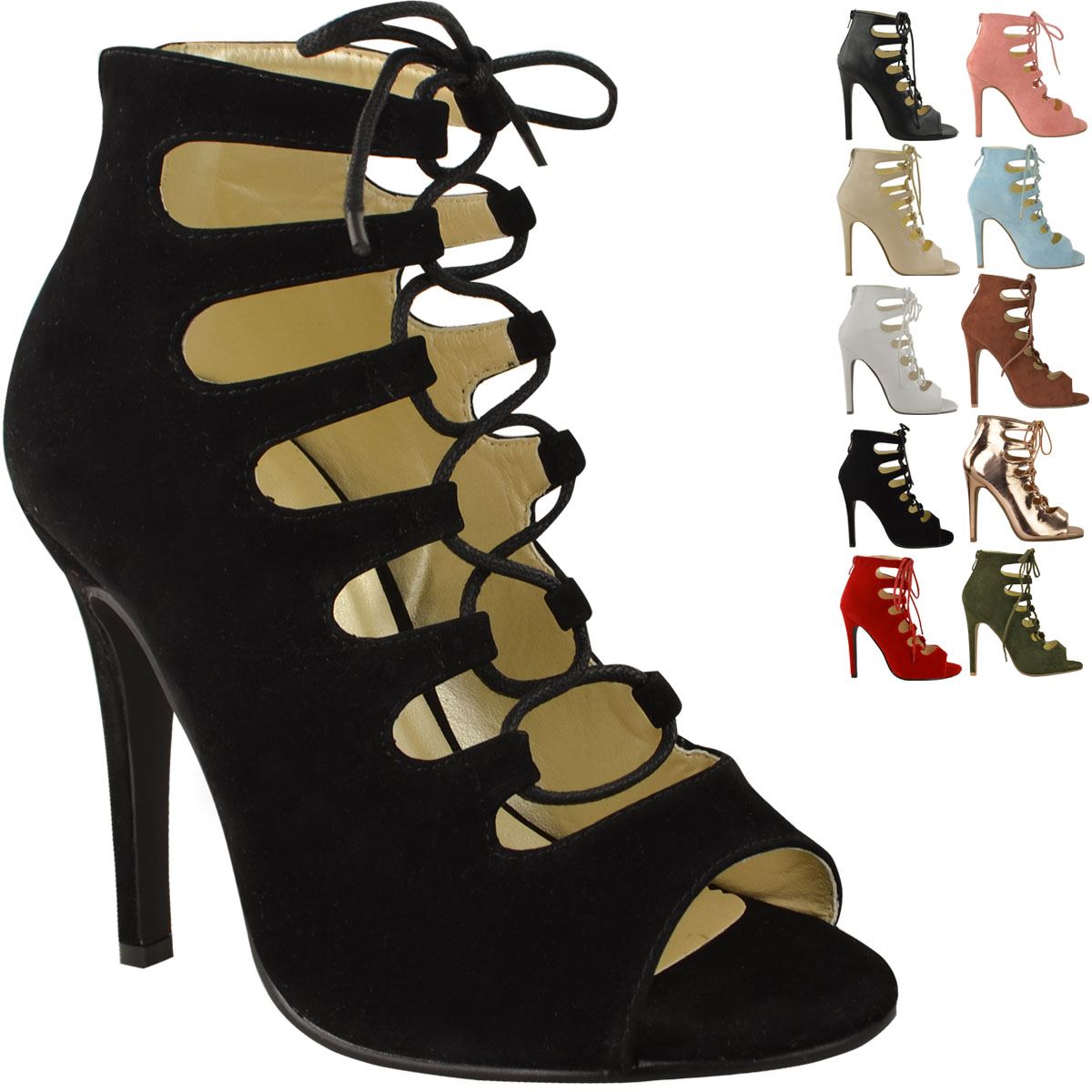 LADIES WOMENS HIGH HEELS STILETTOS LACE UP GLADIATOR ANKLE SANDALS PEEP TOE SIZE - Picture 32 of 51