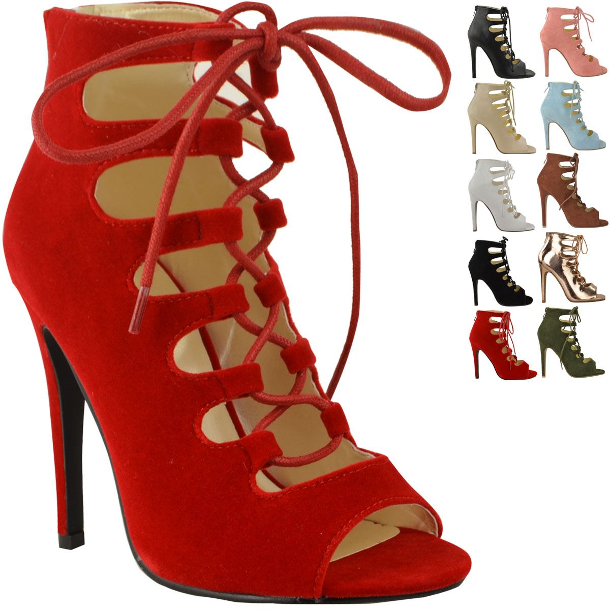 LADIES WOMENS HIGH HEELS STILETTOS LACE UP GLADIATOR ANKLE SANDALS PEEP TOE SIZE - Picture 27 of 51