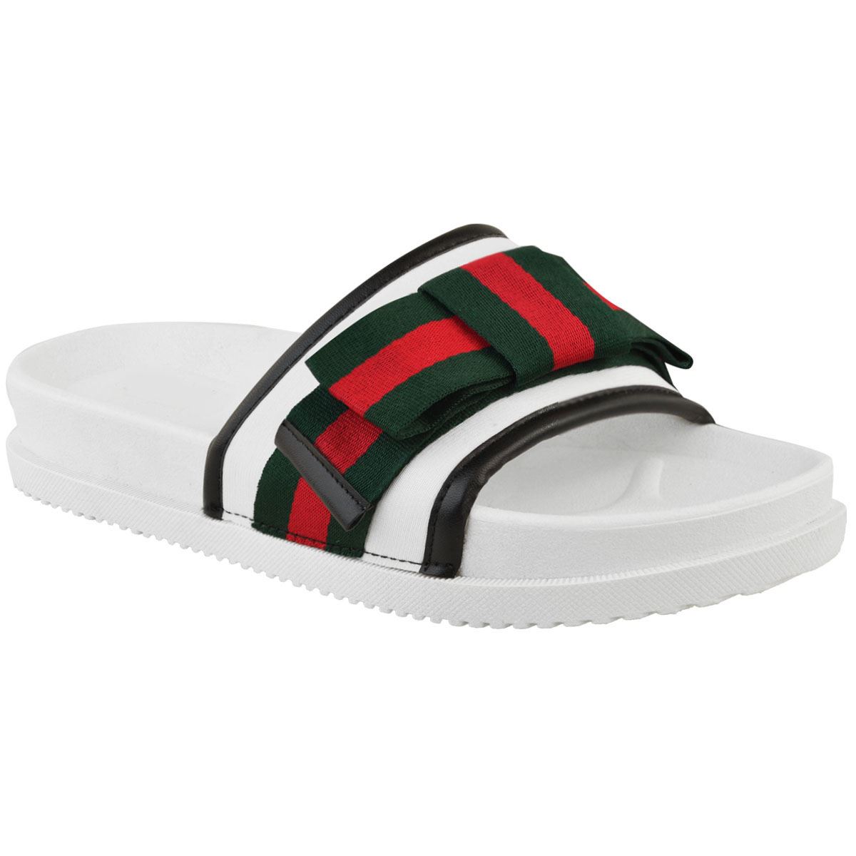 WOMENS LADIES STRIPED SLIDERS SLIP ON MULES SLIPPERS SUMMER FLAT SANDALS SHOES