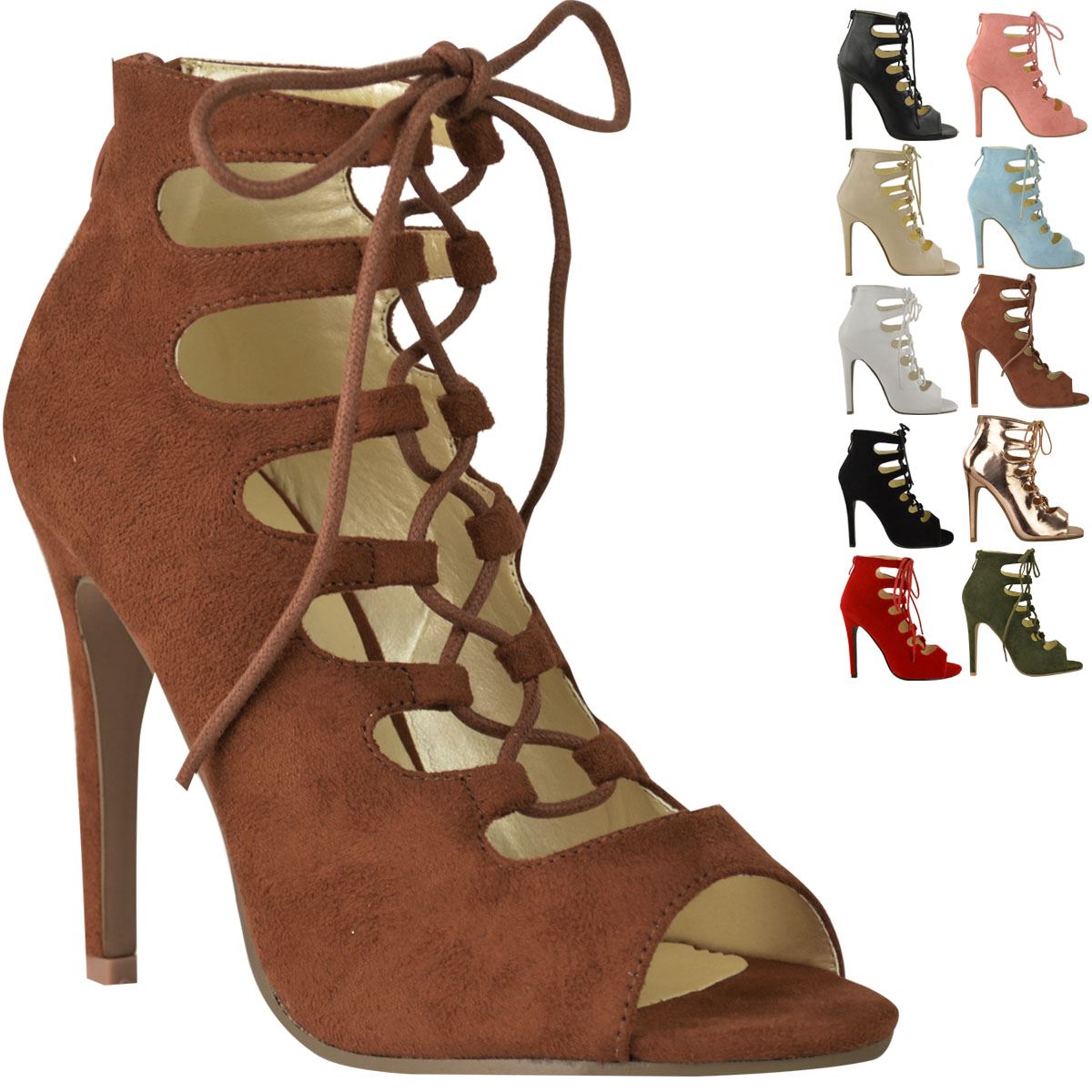 LADIES WOMENS HIGH HEELS STILETTOS LACE UP GLADIATOR ANKLE SANDALS PEEP TOE SIZE - Picture 37 of 51