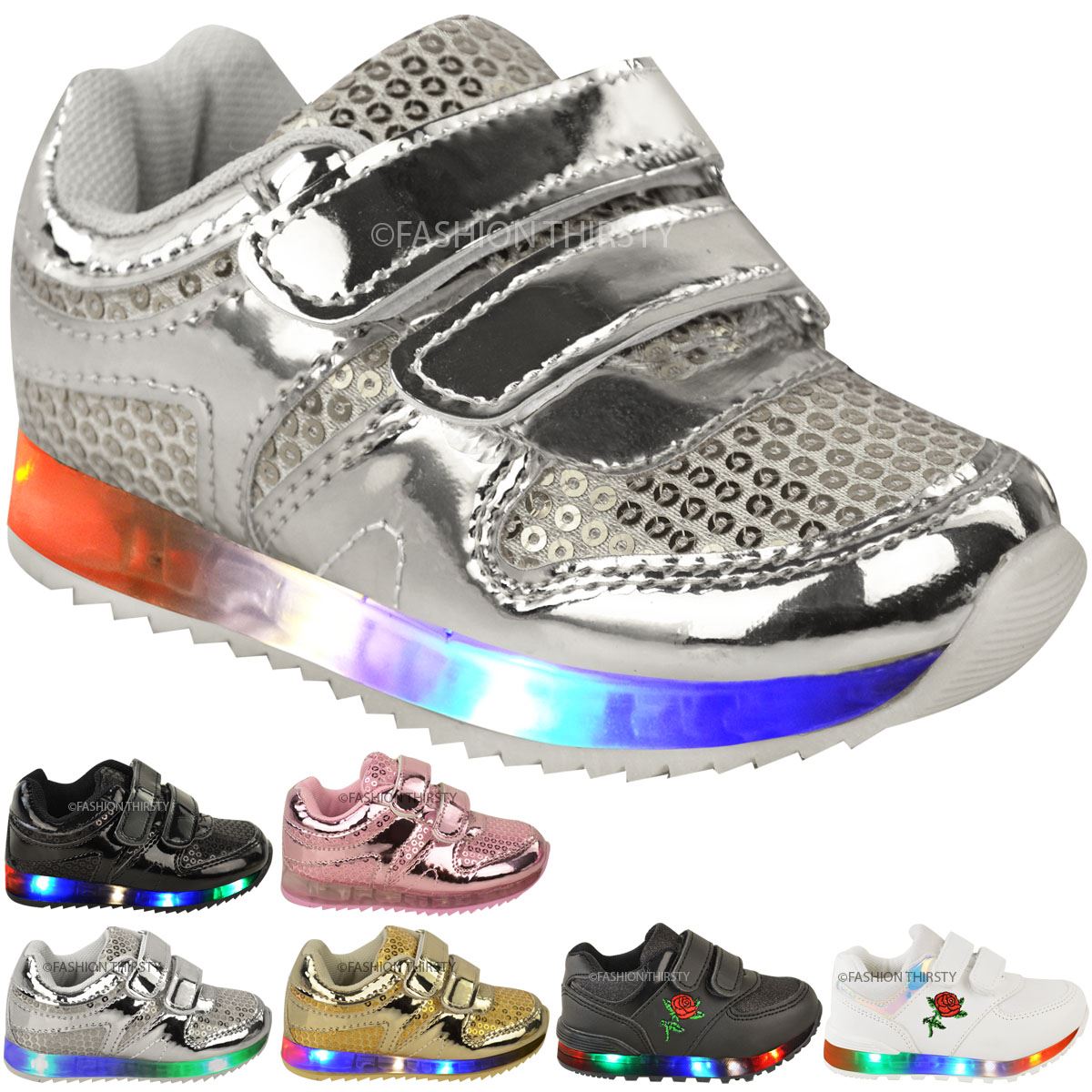 New Girls Kids Babies LED Light Up Trainers Strappy Sneakers Toddler