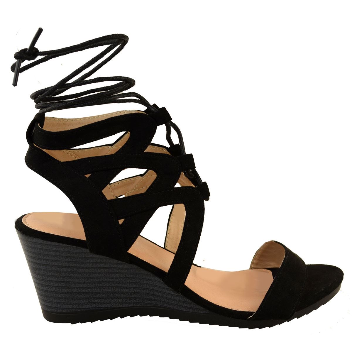New Womens Ladies Low Wedge Strappy Summer Sandals Ankle Lace Tie Up Black Size | eBay