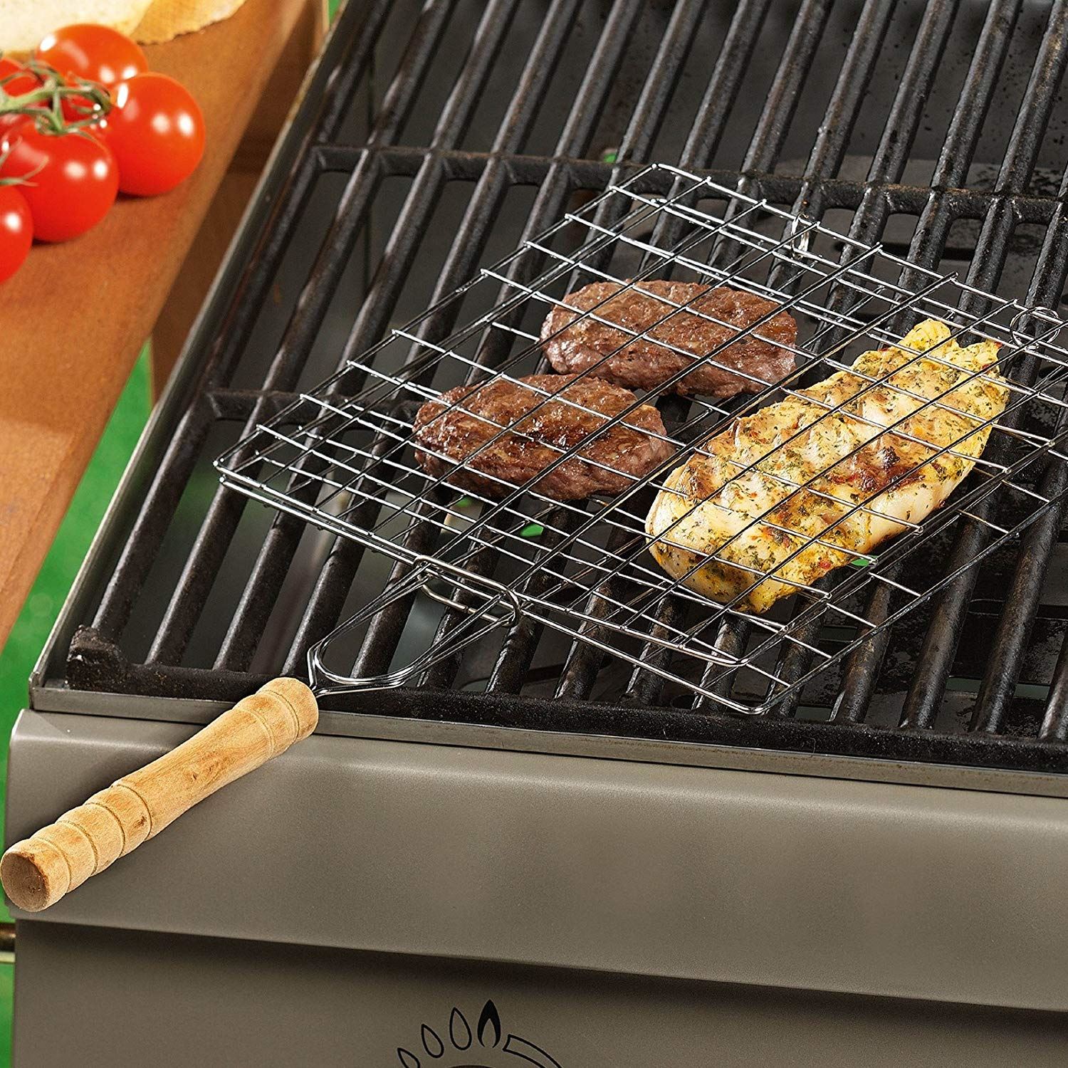 Barbecue Meat Fish Roasting Flip Basket BBQ Cooking Grill Wooden Handle Roaster