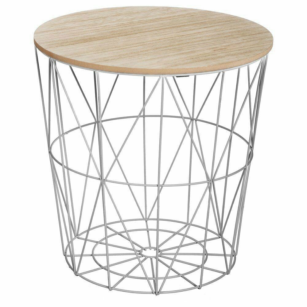 New Retro Loft Style Side Coffee Table Metal Wire Basket And Wooden Lid