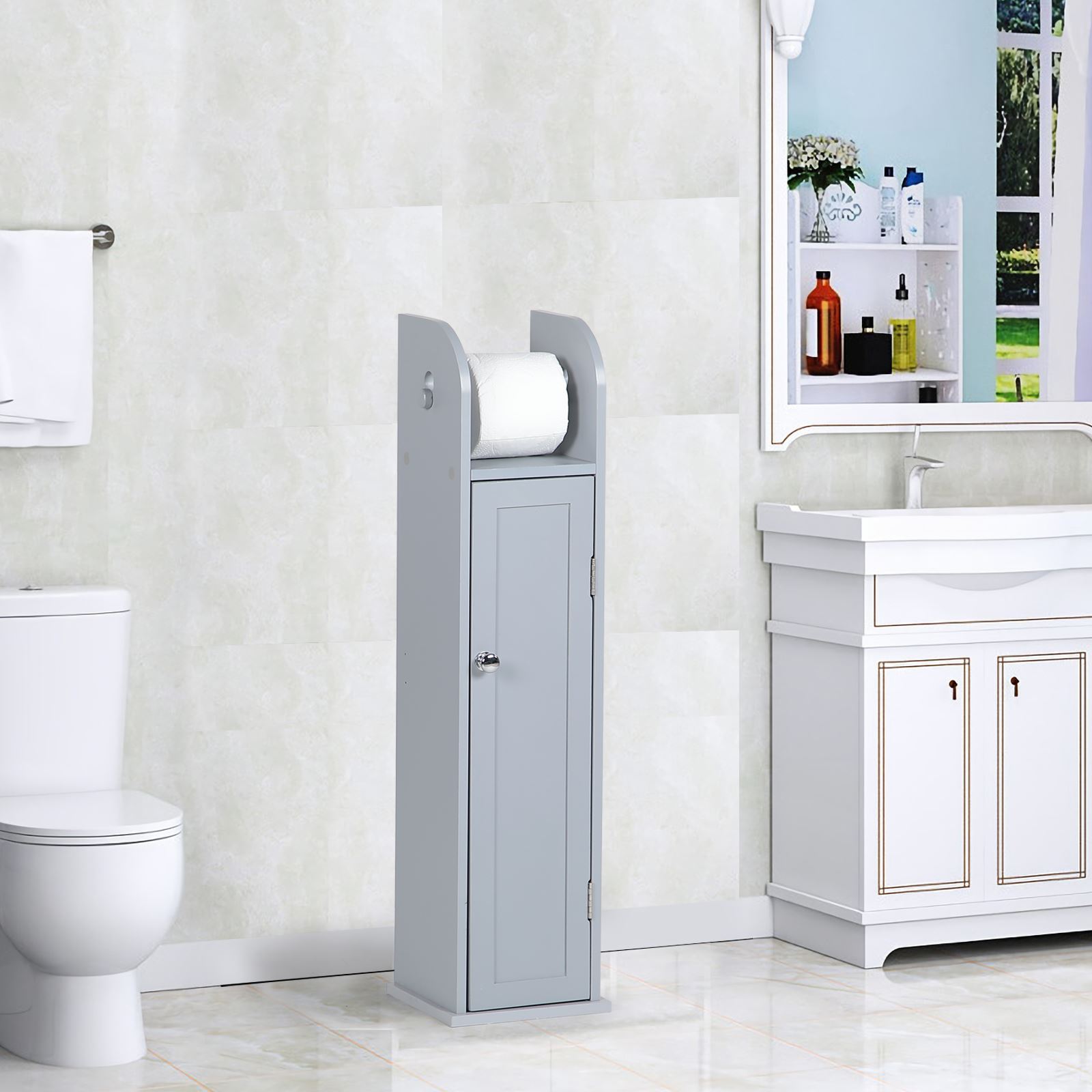 White Wood Free Standing Toilet Paper Roll Holder Bathroom Storage