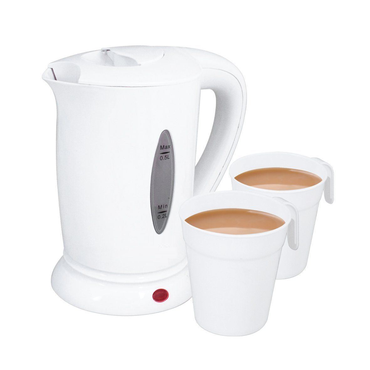 0.5LITRE DUAL VOLTAGE SMALL ELECTRIC TRAVEL KETTLE + 2 CUPS IN WHITE