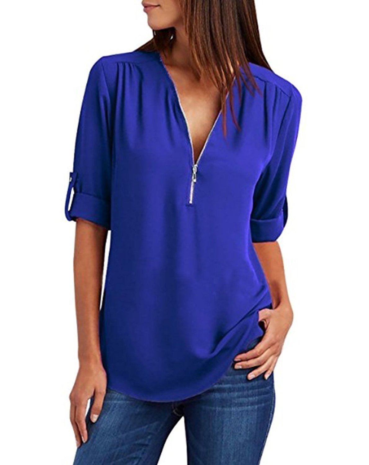 Womens VNeck Zipper Beach Dress Shirt Ladies Long Sleeve Cover Up V