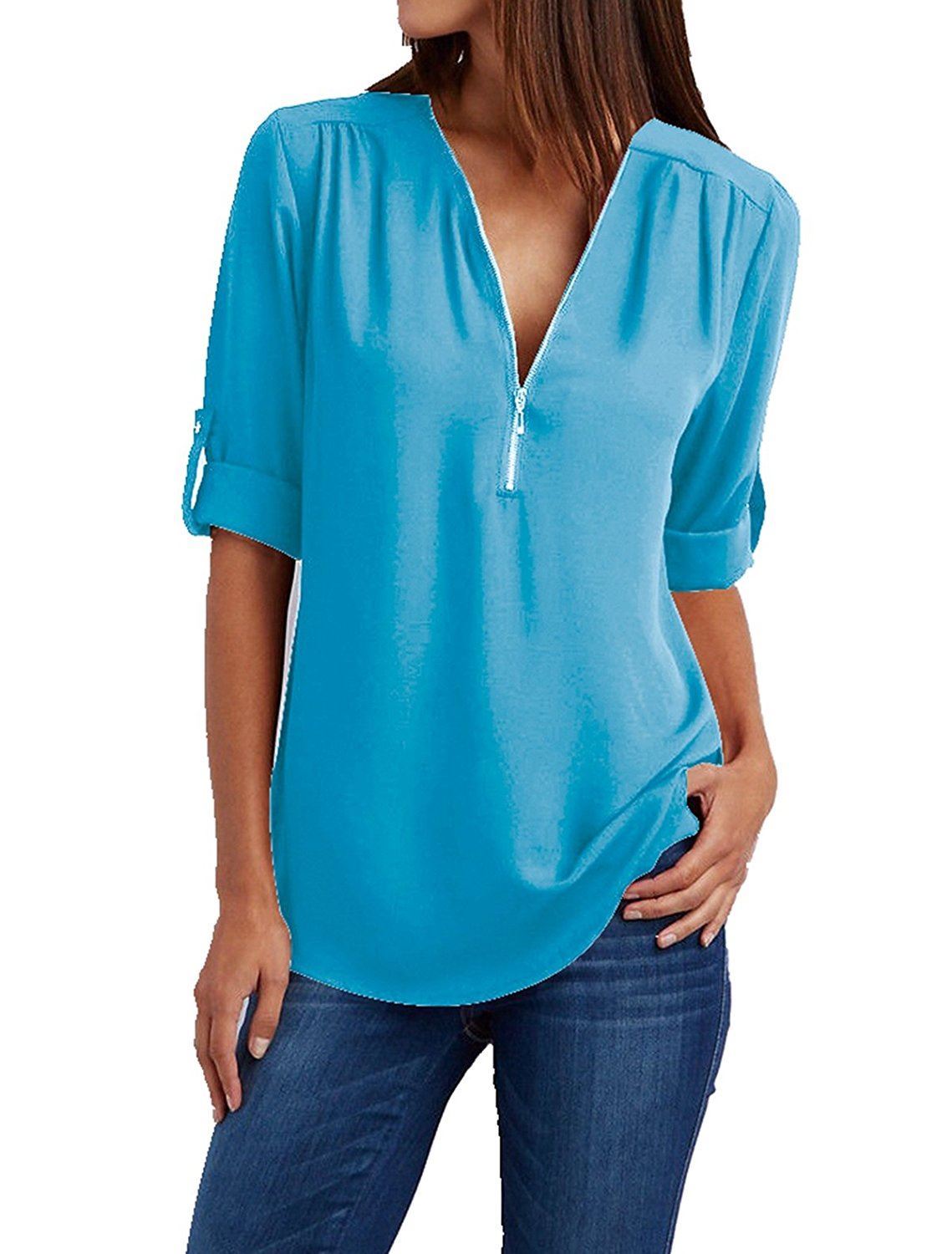 Womens VNeck Zipper Beach Dress Shirt Ladies Long Sleeve Cover Up V