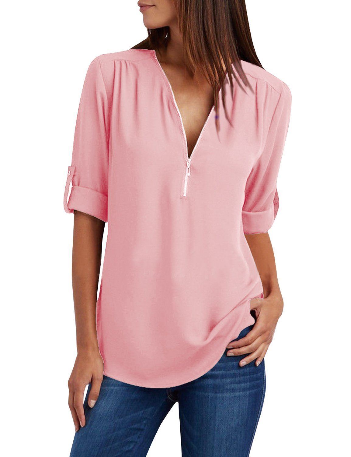 Womens VNeck Zipper Beach Dress Shirt Ladies Long Sleeve Cover Up V